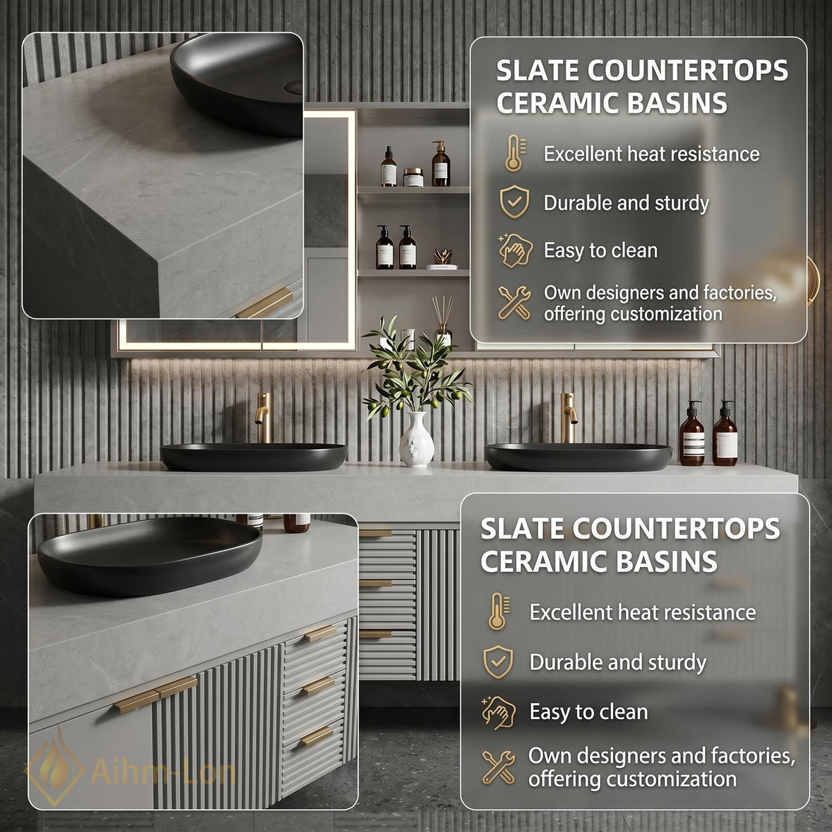 76''-96'' Bathroom Vanity with Sink Floating Double Grey Stone Top Ribbed Doors