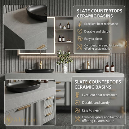 76''-96'' Bathroom Vanity with Sink Floating Double Grey Stone Top Ribbed Doors