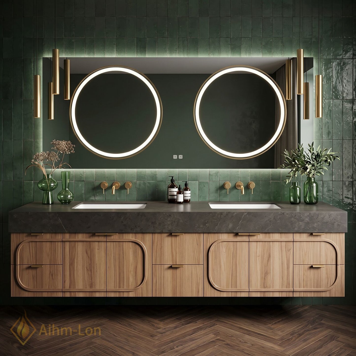 76''-96'' Double Bathroom Vanity with Sink Floating Stone-Top Dark Rounded Doors Design