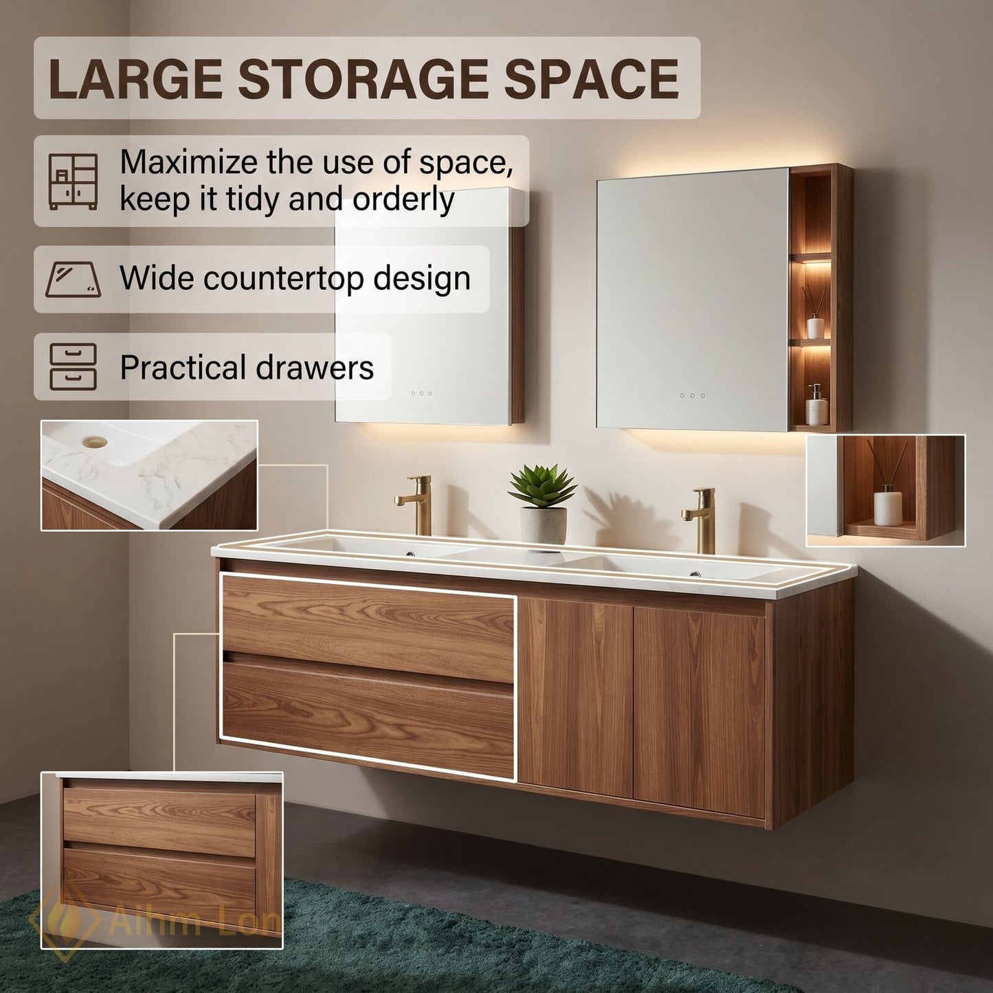 60''-96'' Double Bathroom Vanity with Sink Floating Wood Grain Marble Top Mirror Drawers