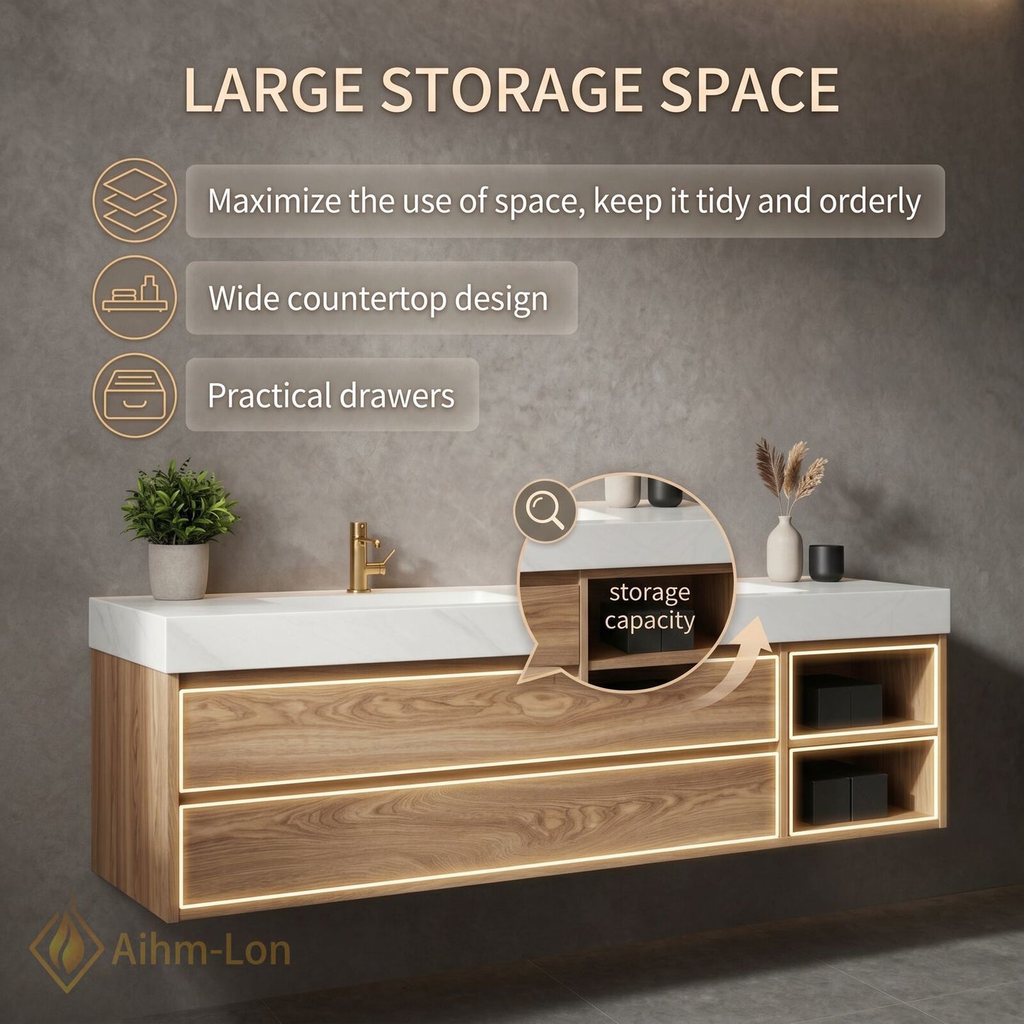 60''-96'' Double Bathroom Vanity with Sink Marble-Effect Top Solid Wood Storage Drawers