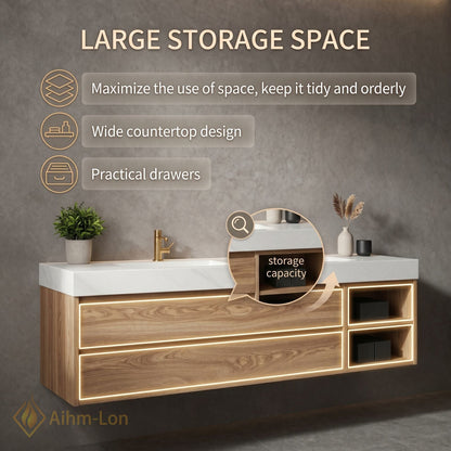 60''-96'' Double Bathroom Vanity with Sink Marble-Effect Top Solid Wood Storage Drawers