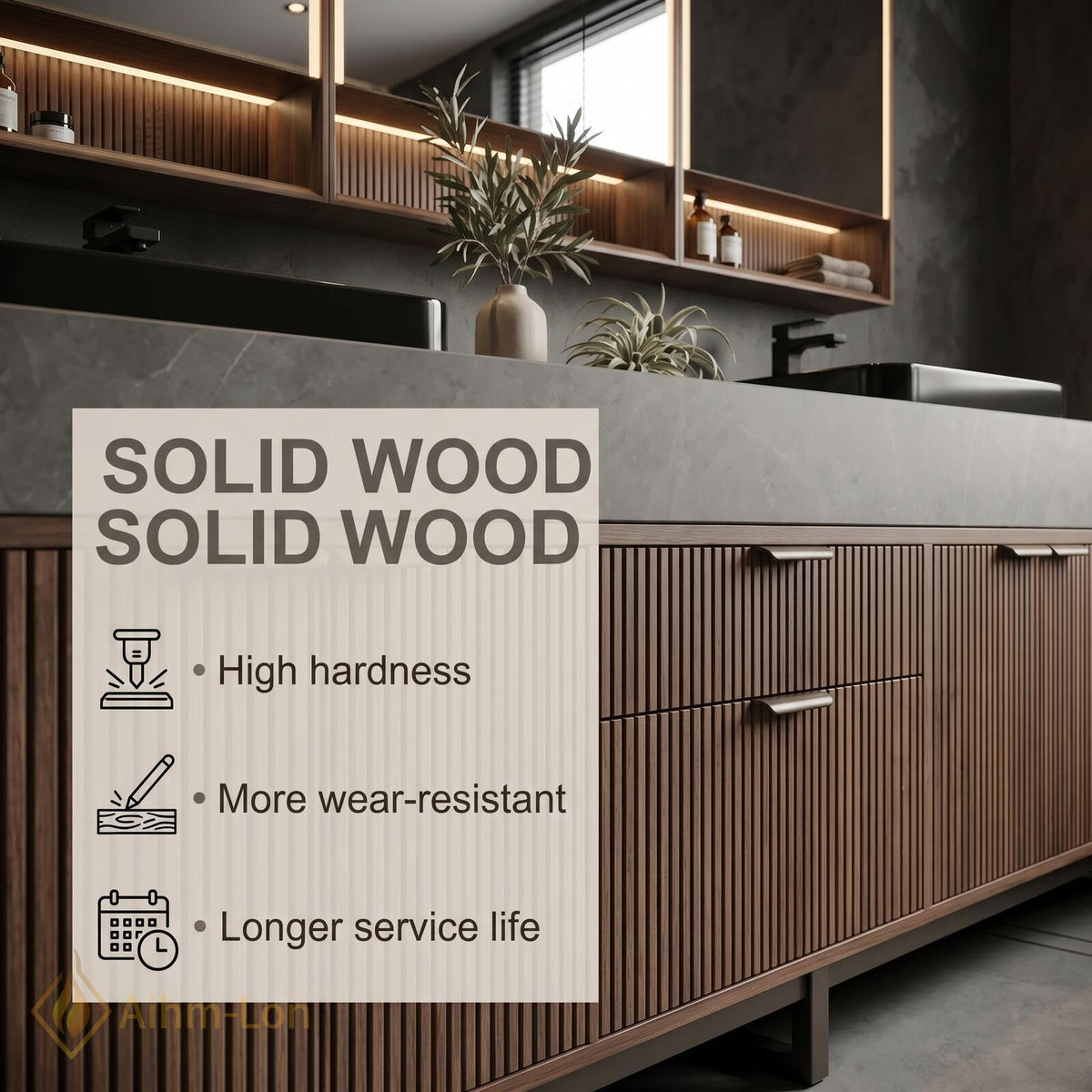 60''-96'' Double Bathroom Vanity with Sink Slatted Panel Doors Warm Walnut Finish