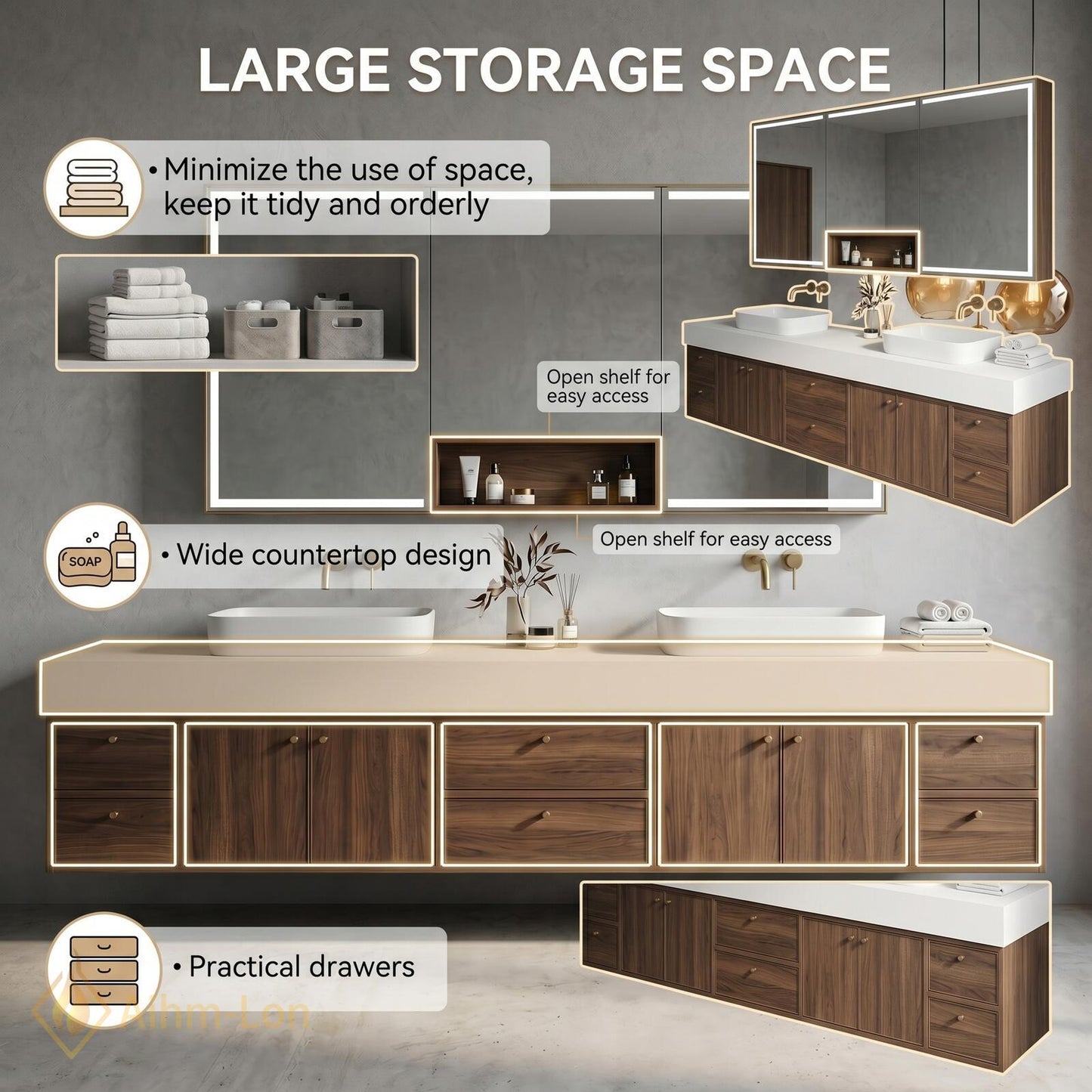 76''-96'' Modern Double Bathroom Vanity with Sink Dark Walnut Slatted Panel Finish