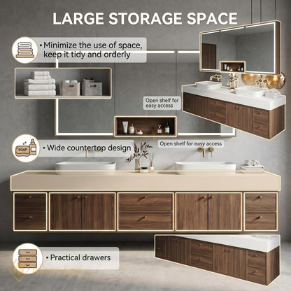 76''-96'' Modern Double Bathroom Vanity with Sink Dark Walnut Slatted Panel Finish