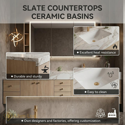 70''-96'' Double Bathroom Vanity with Sink Sleek Floating Warm Wood Finish Marble