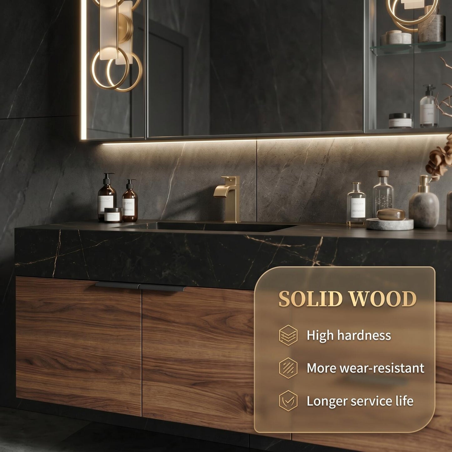 70''-96'' Double Bathroom Vanity with Sink Wall-Mounted Dark Marble Glass Mirror Wood Cabinet