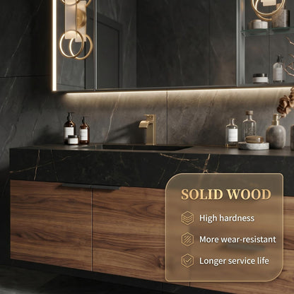 70''-96'' Double Bathroom Vanity with Sink Wall-Mounted Dark Marble Glass Mirror Wood Cabinet