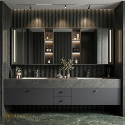 60''-96'' Double Bathroom Vanity with Sink Stone Look Slatted Back Mirror Cabinet