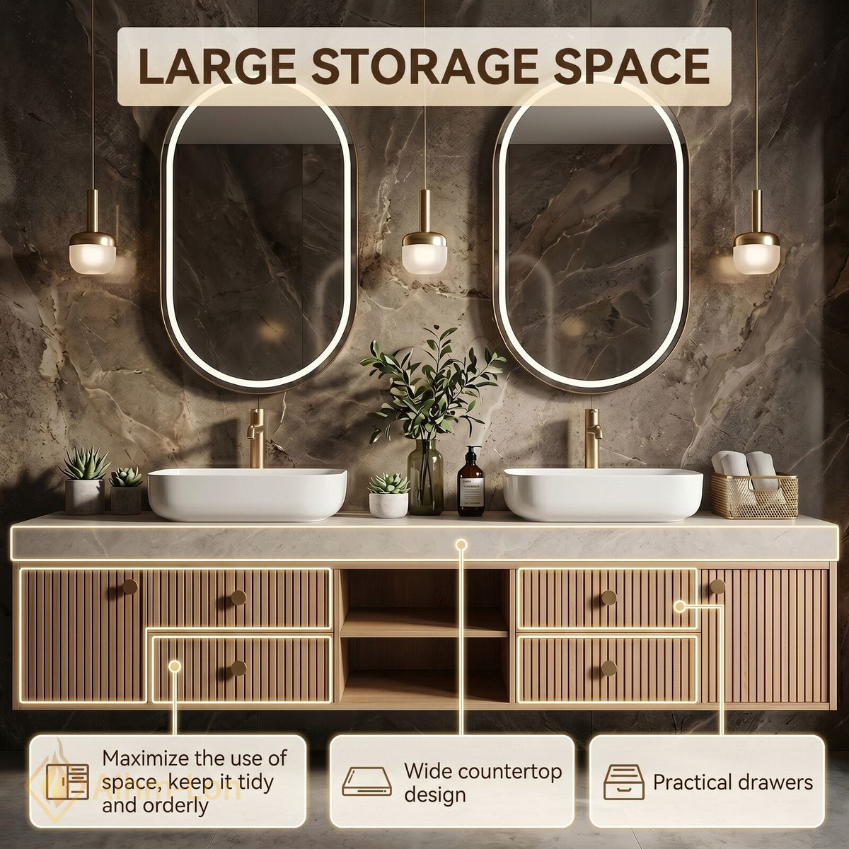 78''-96'' Double Bathroom Vanity with Sink Slatted Front Spacious Counter Cabinet