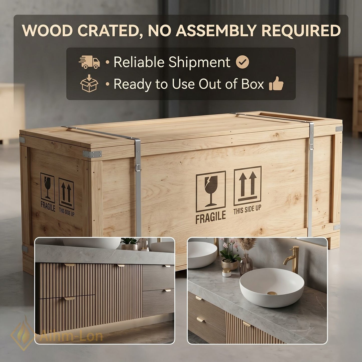 70''-96'' Double Bathroom Vanity with Sink Modern Slatted Veneer Doors Large Stone