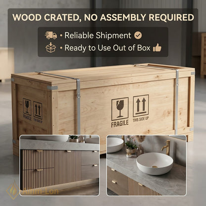 70''-96'' Double Bathroom Vanity with Sink Modern Slatted Veneer Doors Large Stone