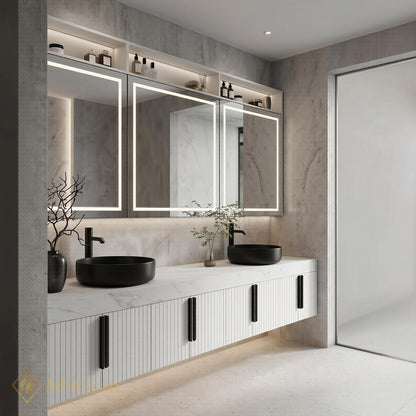 76''-96'' Bathroom Vanity with Sink Floating Double Slatted Doors Open Shelving Marble