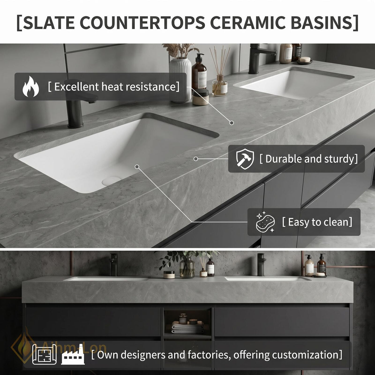 60''-96'' Double Bathroom Vanity with Sink Floating Dark Matte Stone Central Shelving