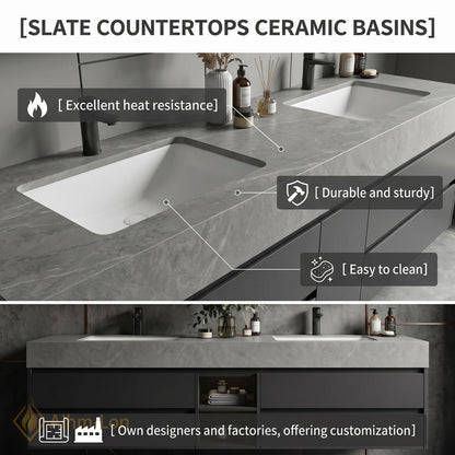 60''-96'' Double Bathroom Vanity with Sink Floating Dark Matte Stone Central Shelving