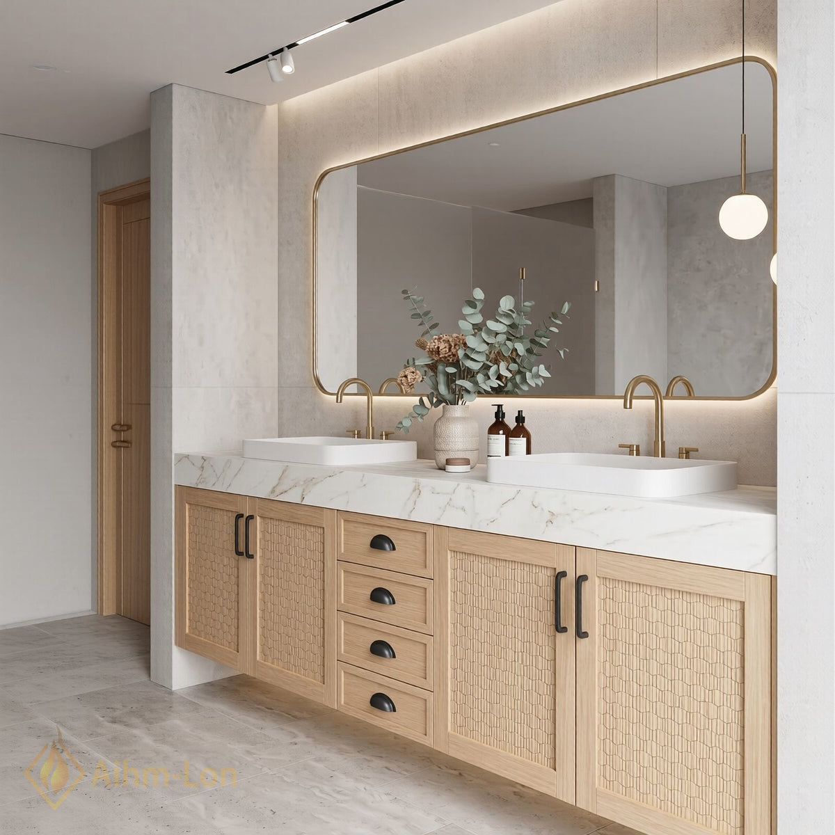 60''-96'' Double Bathroom Vanity with Sink Woven Texture Doors Marble Top Shelving