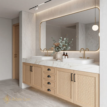 60''-96'' Double Bathroom Vanity with Sink Woven Texture Doors Marble Top Shelving