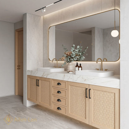 60''-96'' Double Bathroom Vanity with Sink Woven Texture Doors Marble Top Shelving
