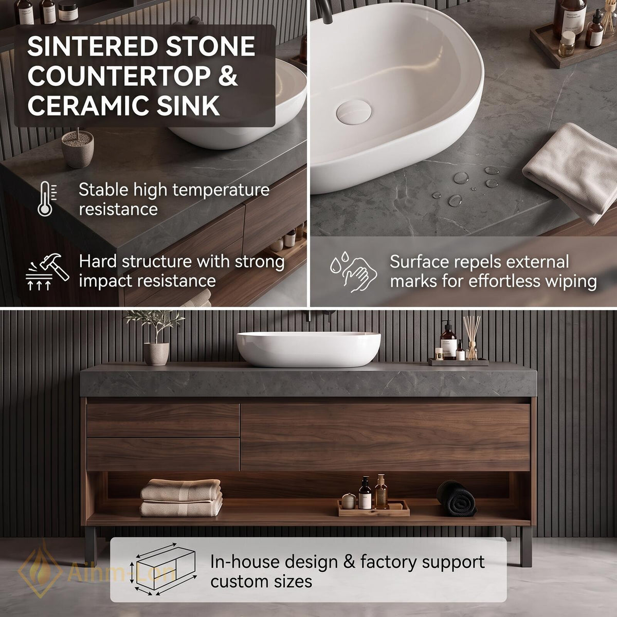 36''-110'' Double Bathroom Vanity with Sink Floating Walnut Drawers Open Shelf