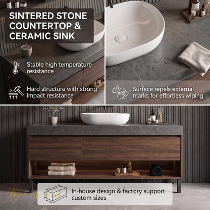 36''-110'' Double Bathroom Vanity with Sink Floating Walnut Drawers Open Shelf