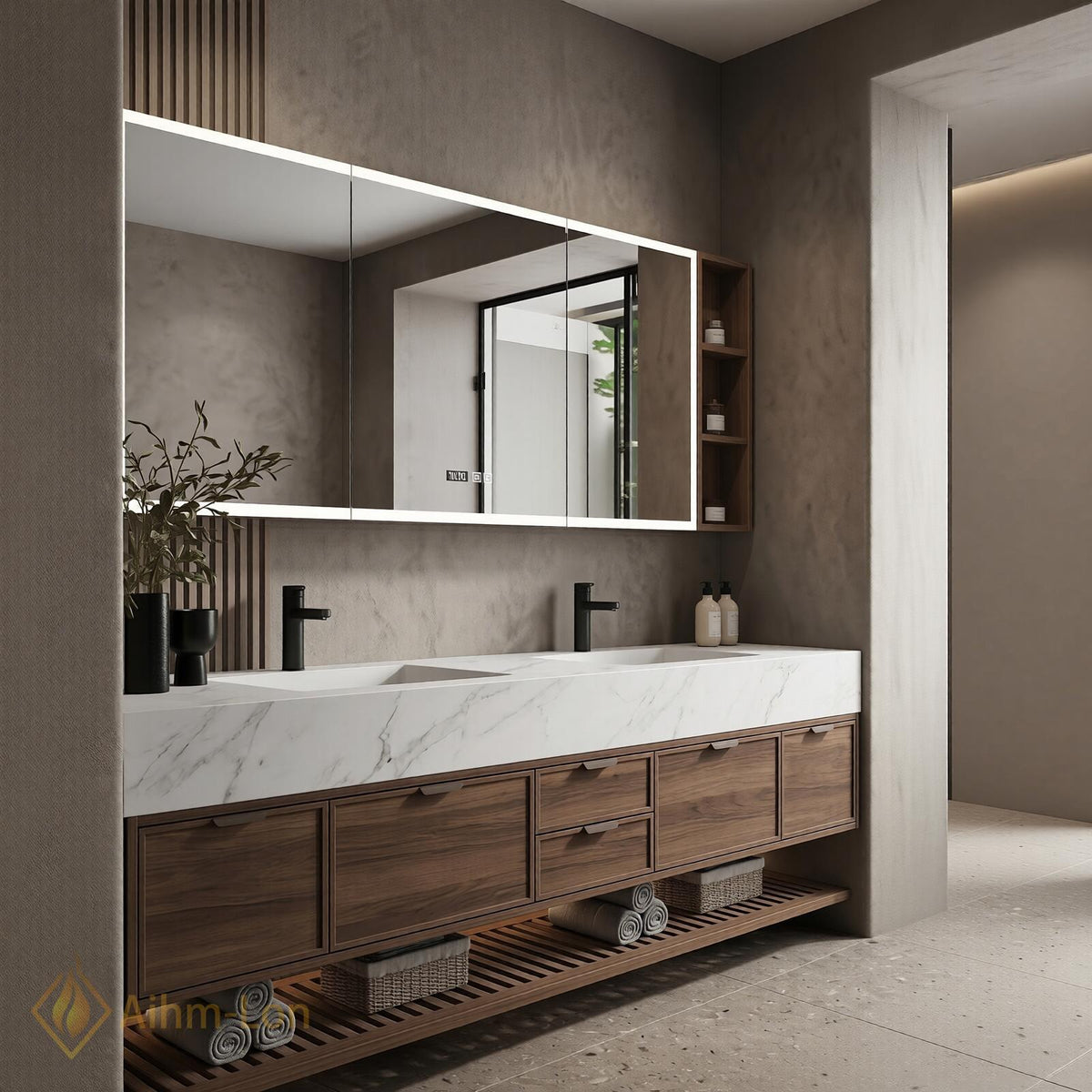 60''-96'' Double Bathroom Vanity with Sink Floating White Marble Top Slatted Shelf
