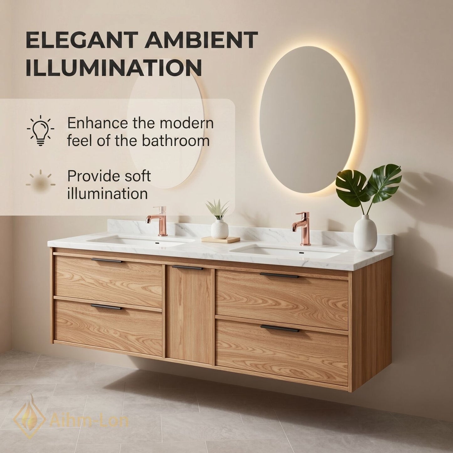 60''-96'' Modern Bathroom Vanity with Sink Floating Oak Marble Oval LED Mirror