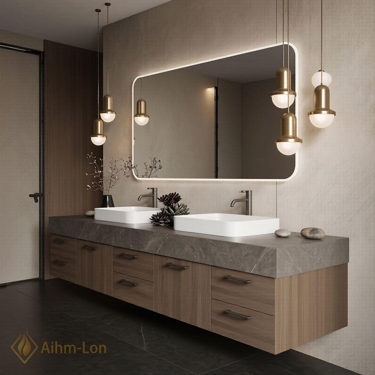 76''-96'' Double Bathroom Vanity with Sink Dark Grey Marble Top Drawer Storage