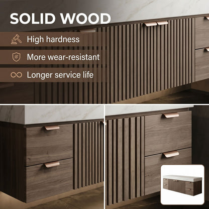 70''-96'' Modern Bathroom Vanity with Sink Double Vessel Slatted Marble Patterned Top Cabinet