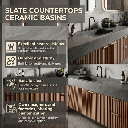 72''-96'' Double Bathroom Vanity with Sink Vertical Slatted Dark Stone Texture Large Drawers