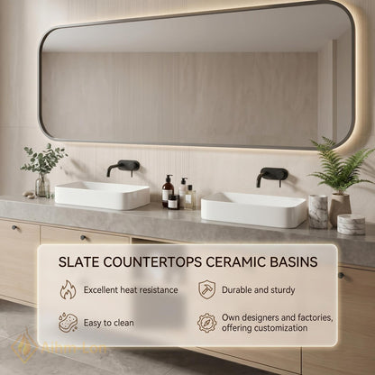 70''-96'' Double Bathroom Vanity with Sink Modern Stone-Effect Top Open Storage