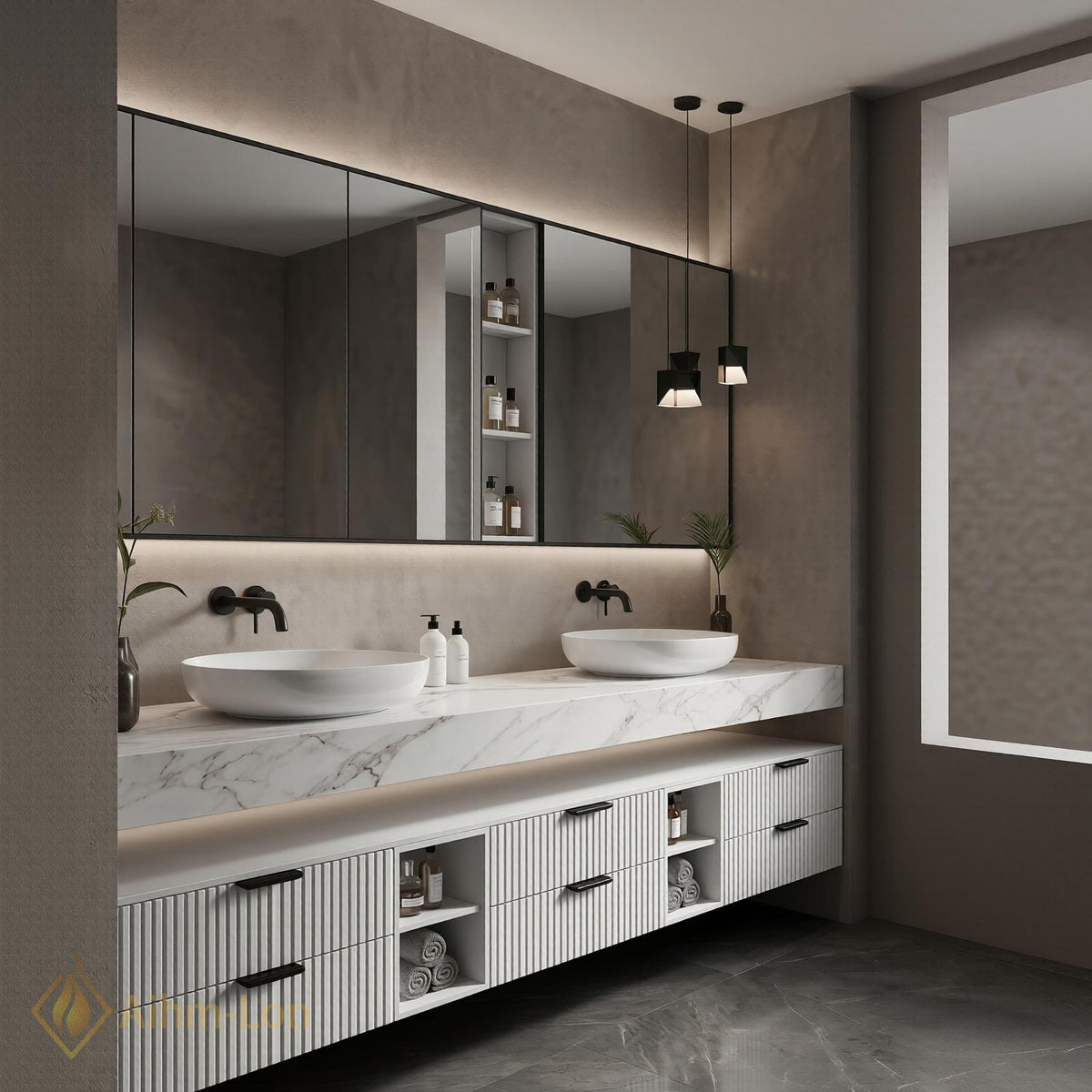 60''-96'' Double Bathroom Vanity with Sink Stone Texture Slats Open Bottom Shelf