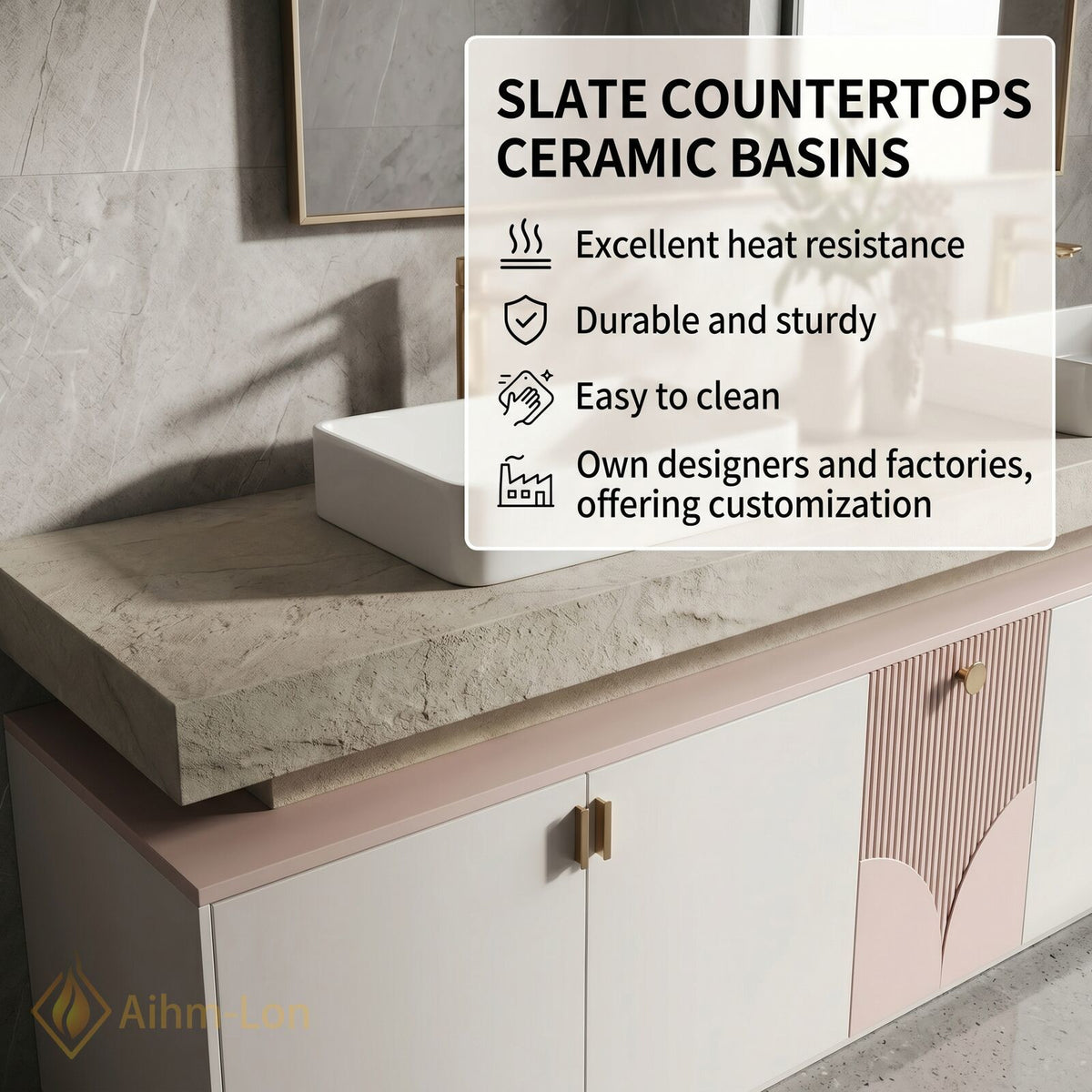 70''-96'' Double Bathroom Vanity with Sink Soft Pink Finish Slatted Center Panel
