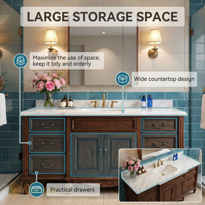 50''-64'' Elegant Bathroom Vanity with Sink Classic Carved Marble Drawers Wood Cabinet