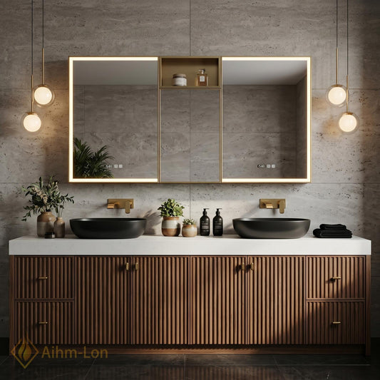 70''-96'' Double Bathroom Vanity with Sink Vertical Slatted Doors Fluted Walnut Finish