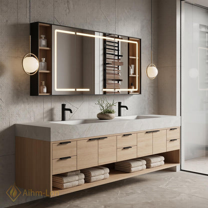 60''-96'' Double Bathroom Vanity with Sink Floating Light Wood Frame Stone Top