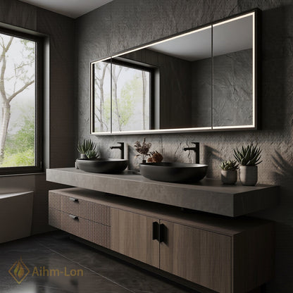 60''-96'' Double Bathroom Vanity with Sink Slatted Panel Grey Stone Top