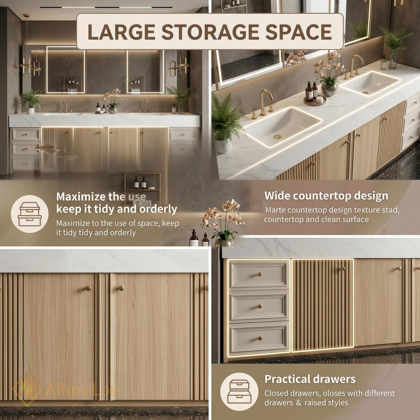 78''-96'' Double Bathroom Vanity with Sink Modern Floating Warm Oak Slatted Panel