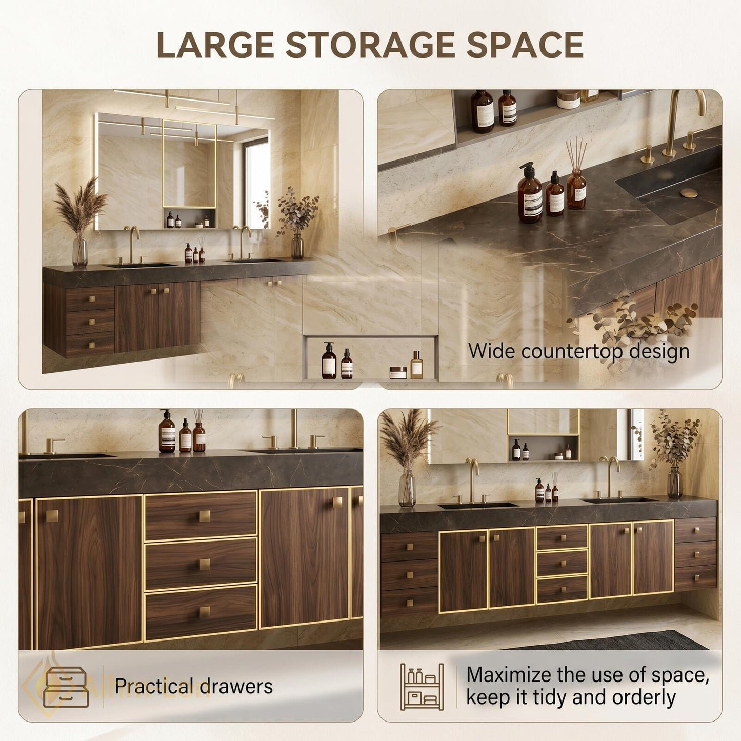 72''-96'' Double Bathroom Vanity with Sink Dark Modern Floating Stone-Top Top