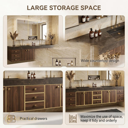 72''-96'' Double Bathroom Vanity with Sink Dark Modern Floating Stone-Top Top