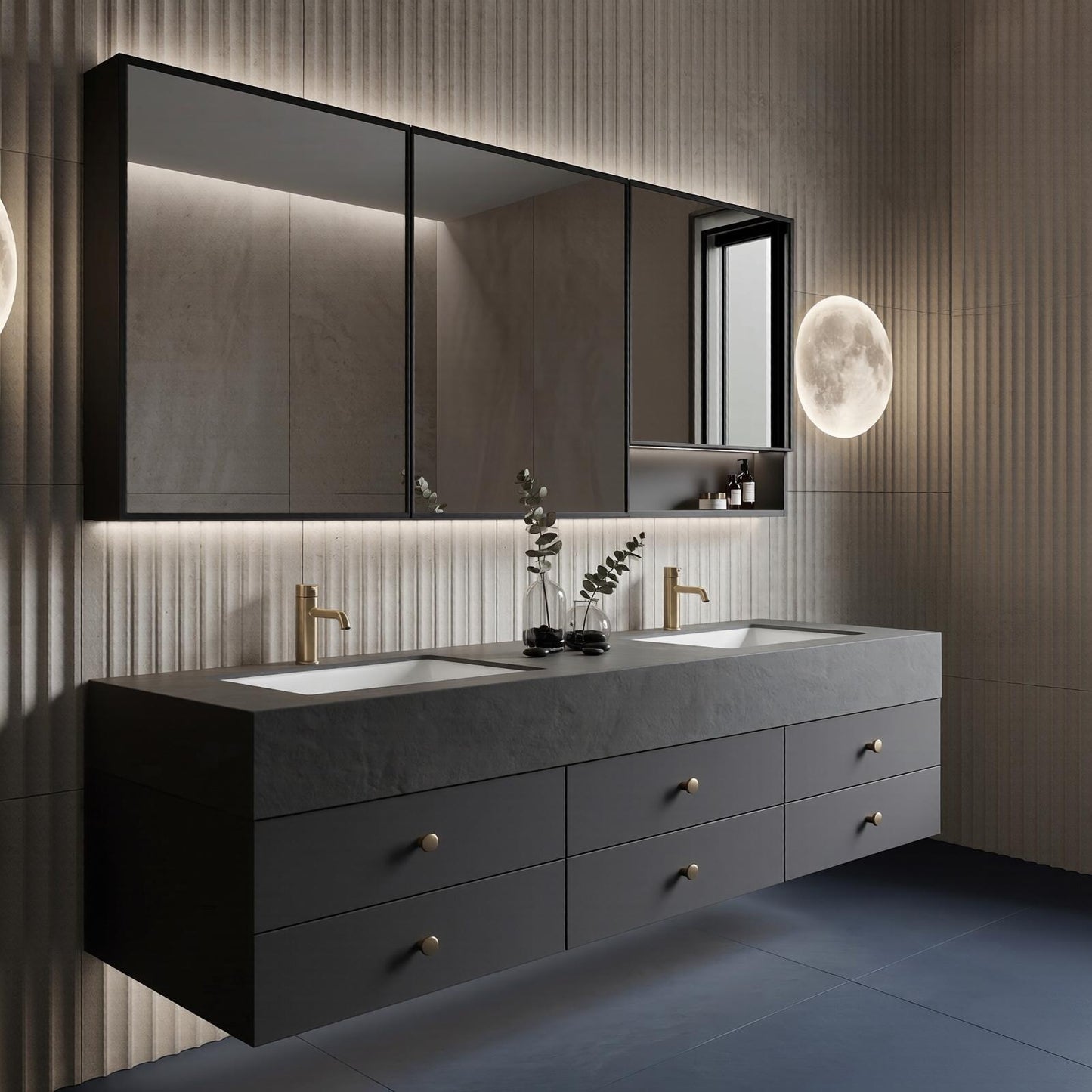 60''-96'' Modern Bathroom Vanity with Sink Double Sink Dark Slate Geometric Drawers Cabinet