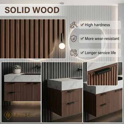 78''-96'' Double Bathroom Vanity with Sink Vertical Slat Front White Marble Top