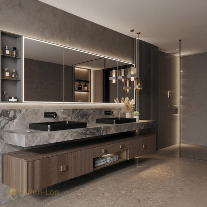 78''-96'' Bathroom Vanity with Sink Floating Vanity Dark Walnut Slatted Panels Open