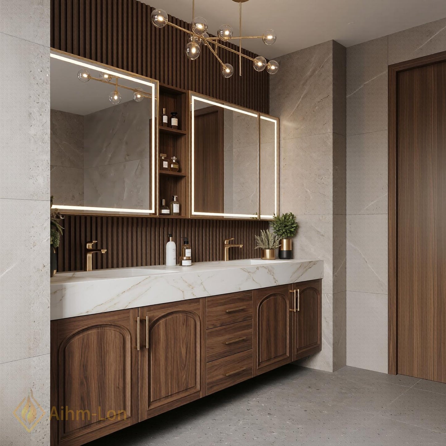 72''-96'' Double Bathroom Vanity with Sink Modern Floating Top Doors Slatted-Panel