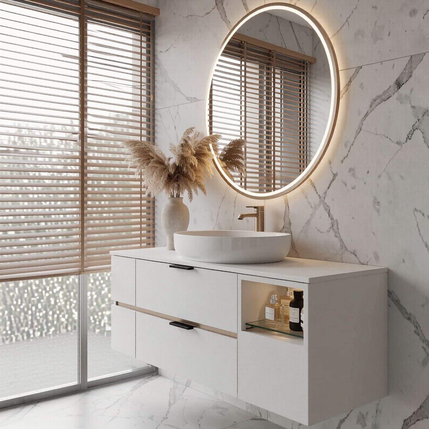 36''-64'' Modern Bathroom Vanity with Sink Floating White Anti-Fog Open Side Shelving