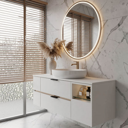 36''-64'' Modern Bathroom Vanity with Sink Floating White Anti-Fog Open Side Shelving