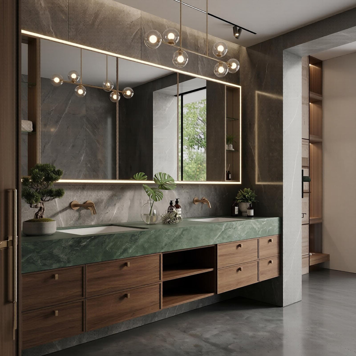 60''-96'' Double Bathroom Vanity with Sink Modern Floating Green Marble Wide Drawers