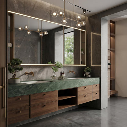 60''-96'' Double Bathroom Vanity with Sink Modern Floating Green Marble Wide Drawers