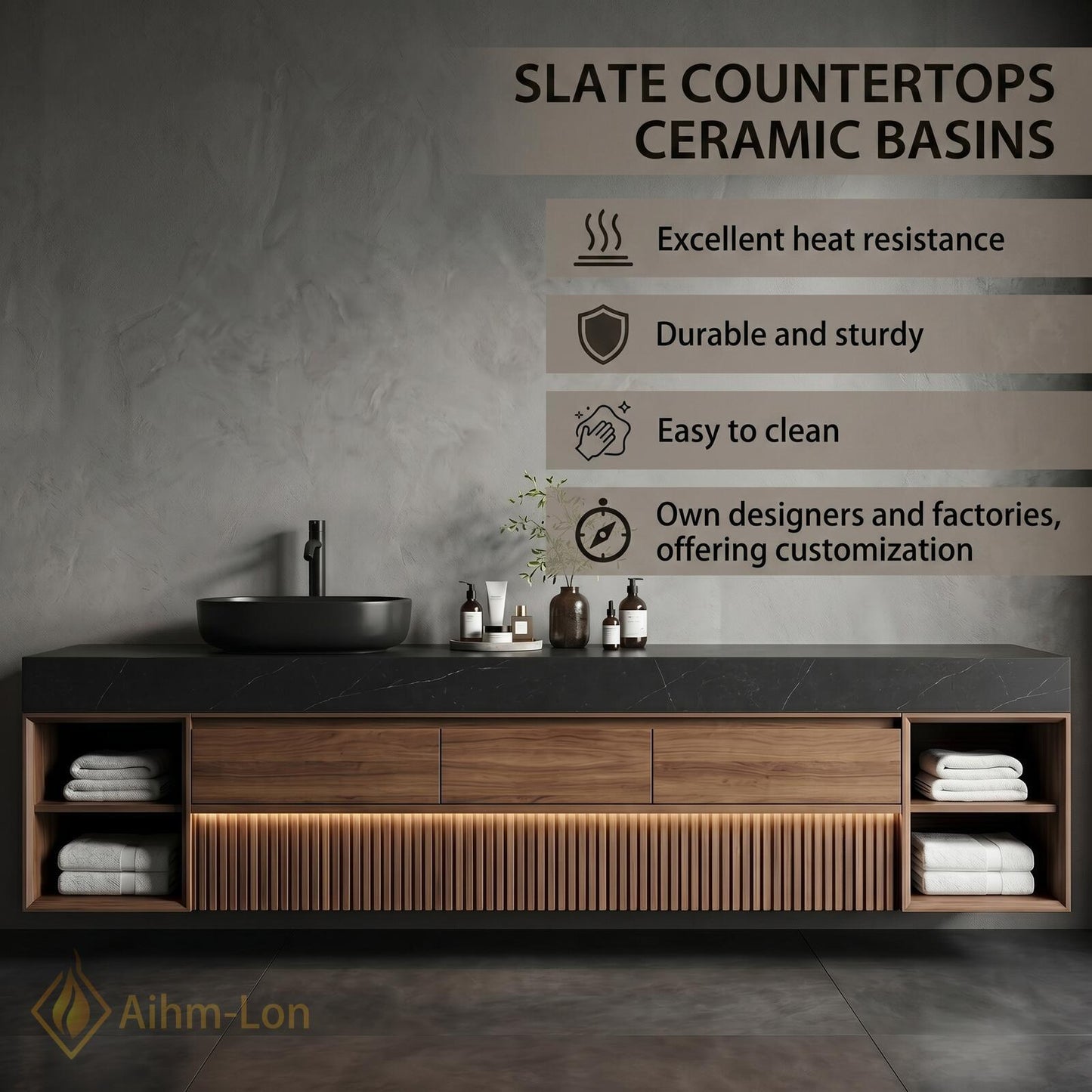 60''-96'' Double Bathroom Vanity with Sink Dark-Walnut Modern Floating Slatted-Panel