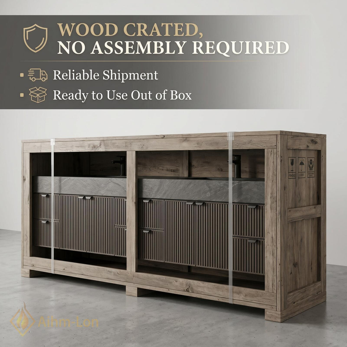 76''-96'' Double Bathroom Vanity with Sink Floating Vanity Stone Textured Top Setup