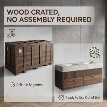 60''-96'' Double Bathroom Vanity with Sink Modern Floating Slatted Front Marble-Look Top
